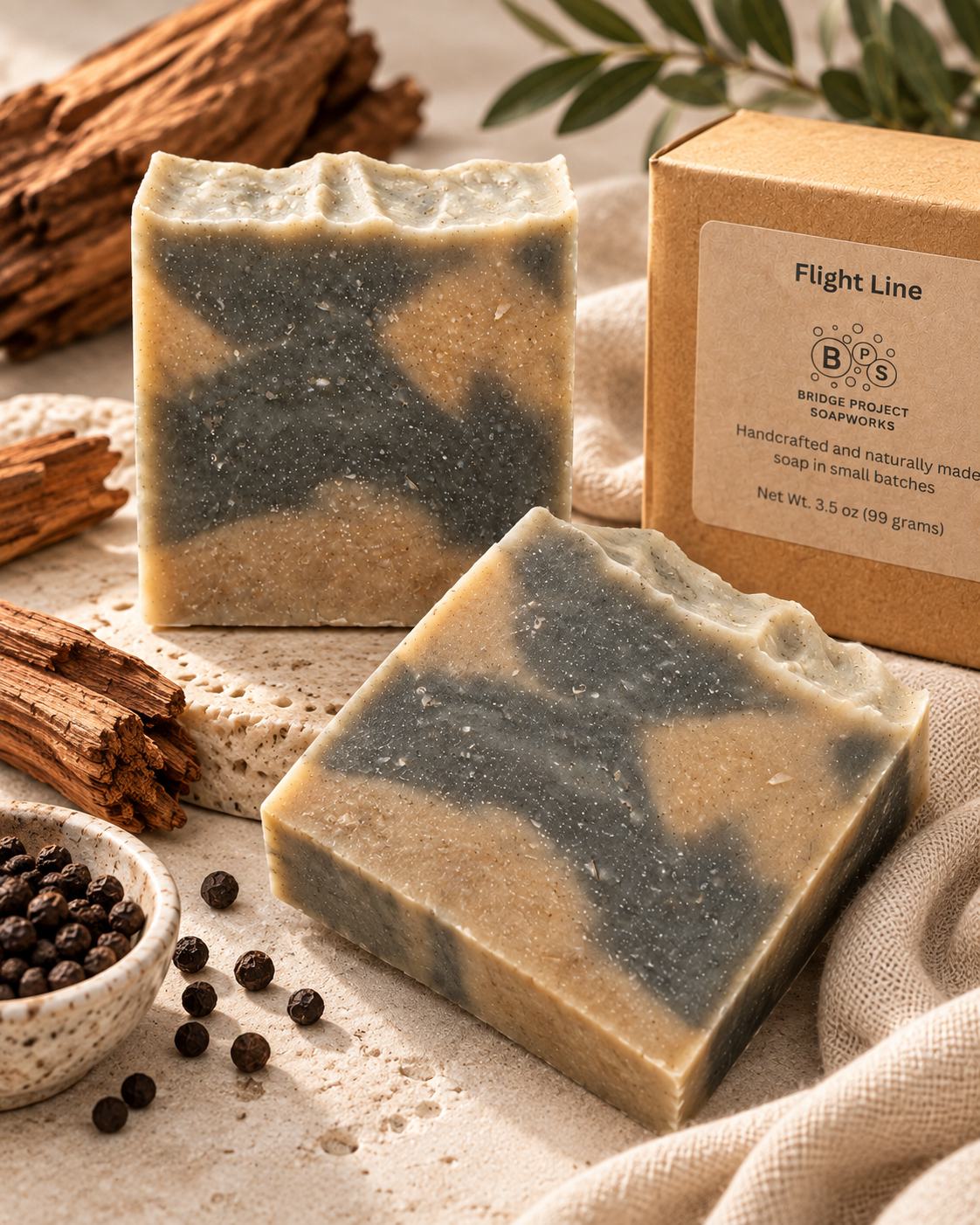 Flight Line artisan soap bars with smoky swirled pattern