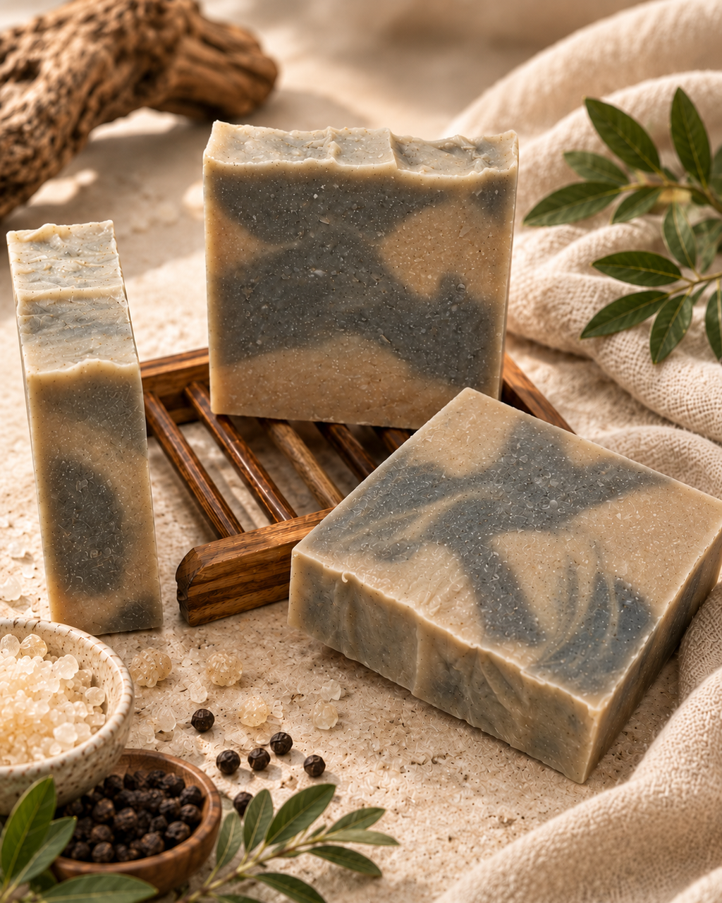 Two Flight Line artisan soap bars showing charcoal and alkanet swirls